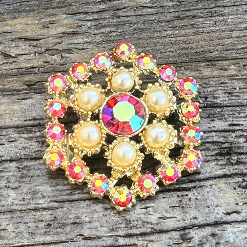 Vintage Aurora Borealis AB Pink Rhinestone Faux Pearl Brooch Pin Costume Jewelry